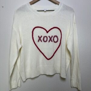 Lelis Women XOXO Knit Sweater Medium Ivory‎ Pink Heart Love Crewneck Oversized